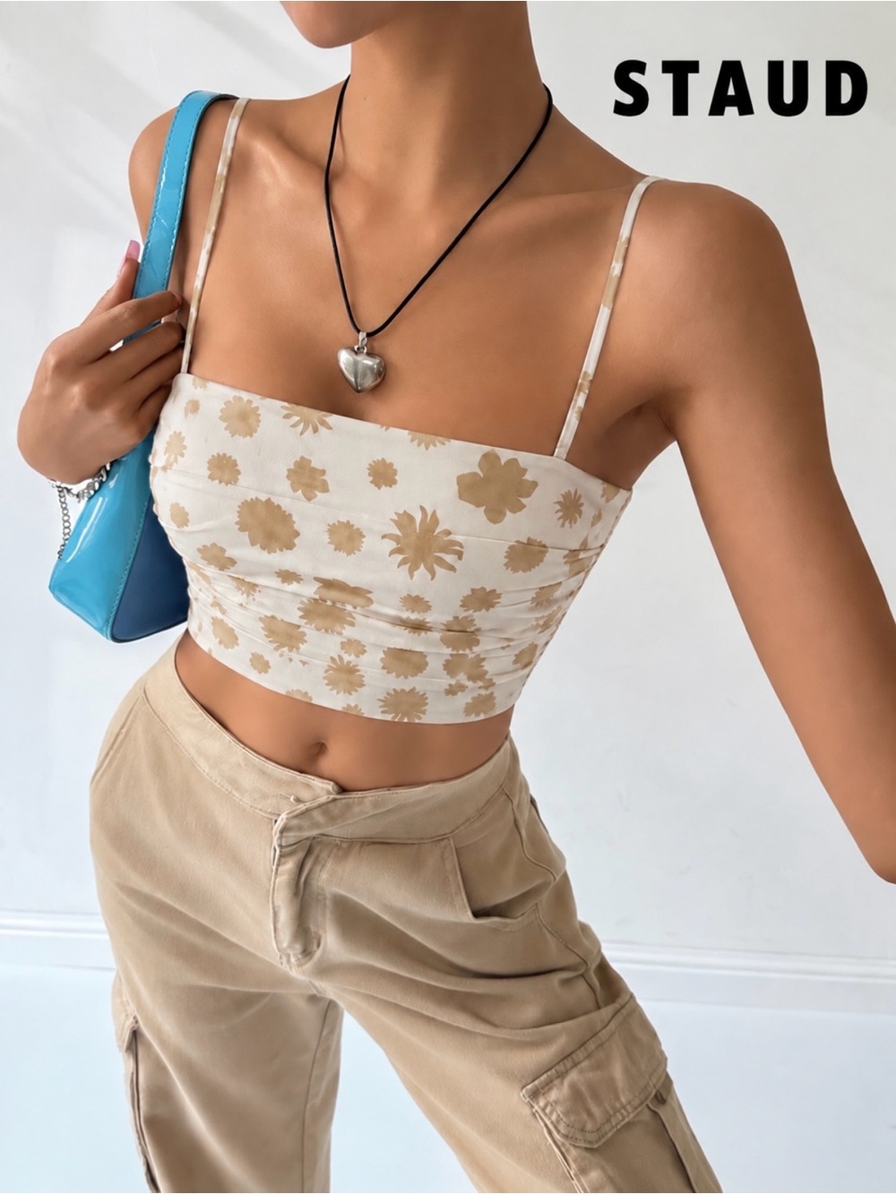 New🌺$185 STAUD Lorenzo Floral Stretch Cotton Poplin Fitted Crop Top Size S
